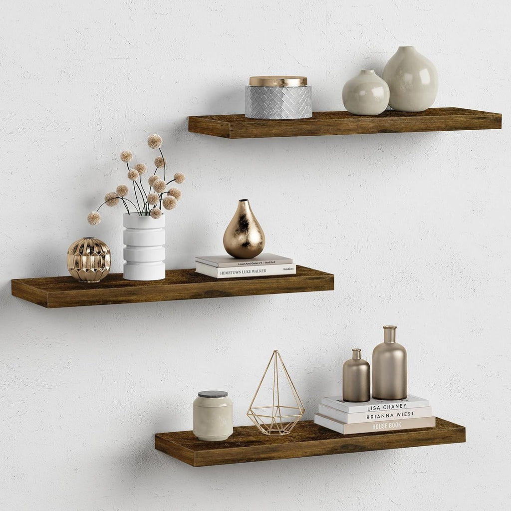 Porshmarks Floating Shelves Set of 3, Rustic Dark Brown Wood Grain, 24 Inch
