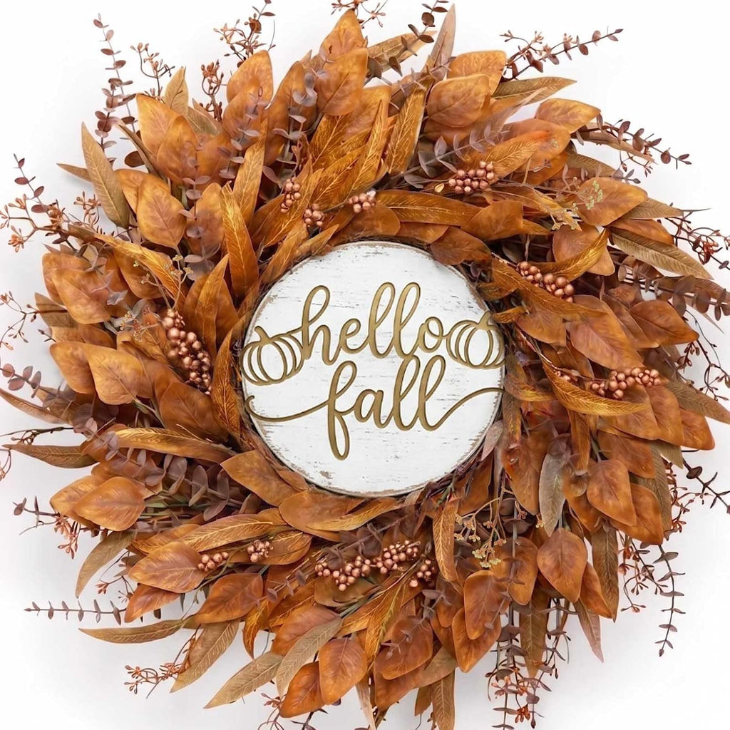 26 inch fall eucalyptus wreath with Hello Fall sign