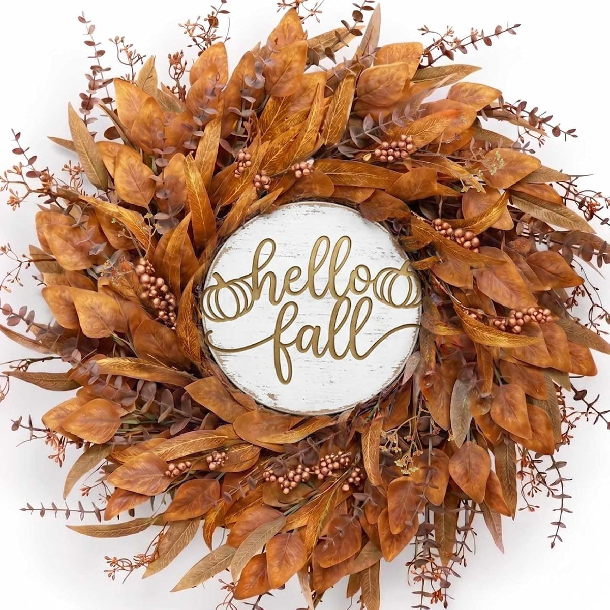26 inch fall eucalyptus wreath with Hello Fall sign