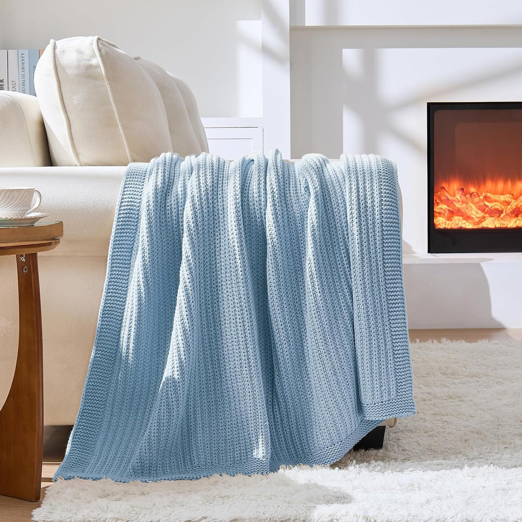 Porshmarks Chunky Knit Throw Blanket, Acrylic, Blue, 50 x 60 Inch