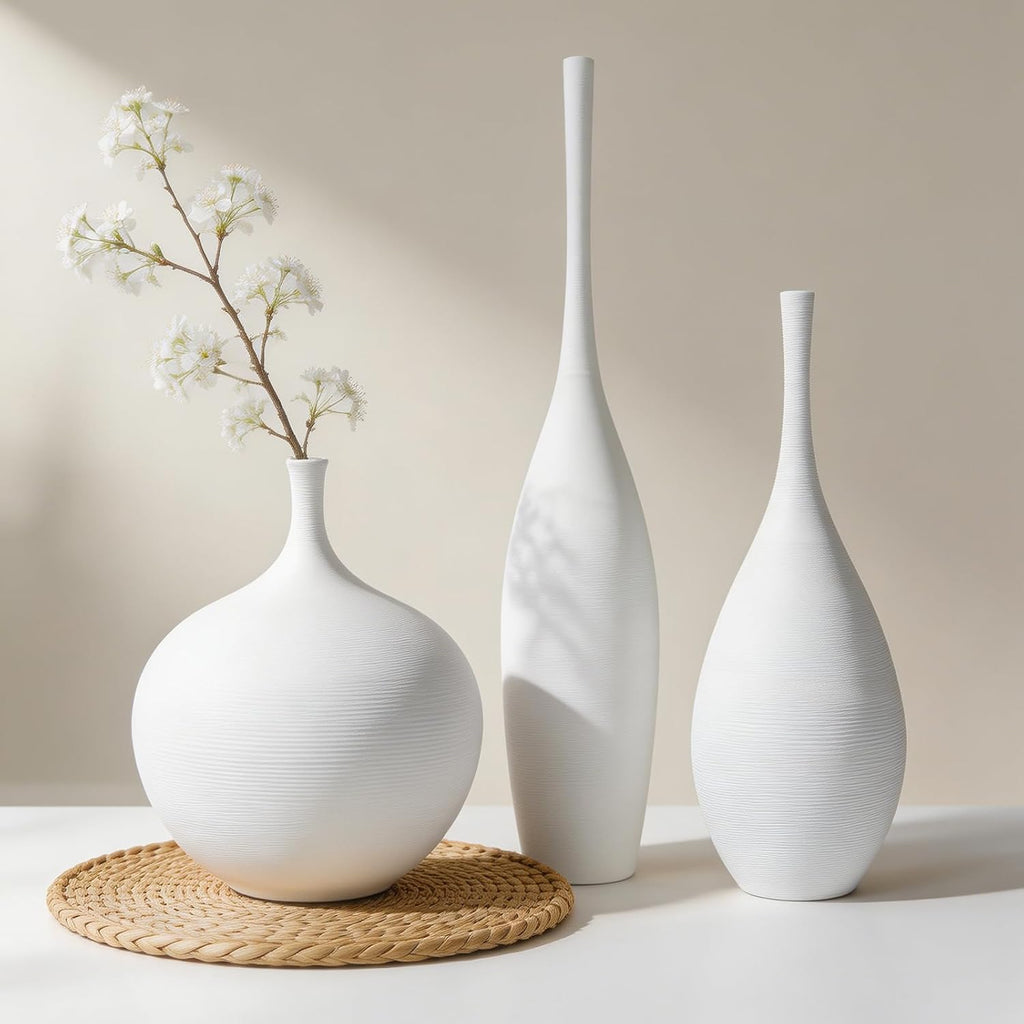 Porshmarks Ceramic Vase Set of 3, White, Matte Ribbed Finish, Narrow Neck