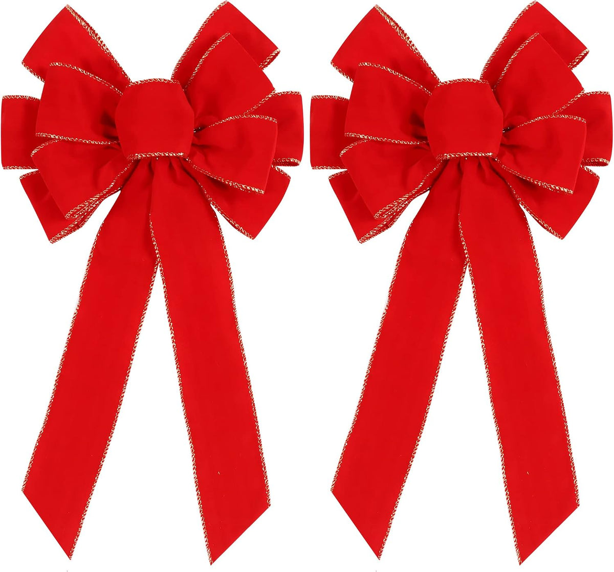 Two red velvet christmas bows with gold edge