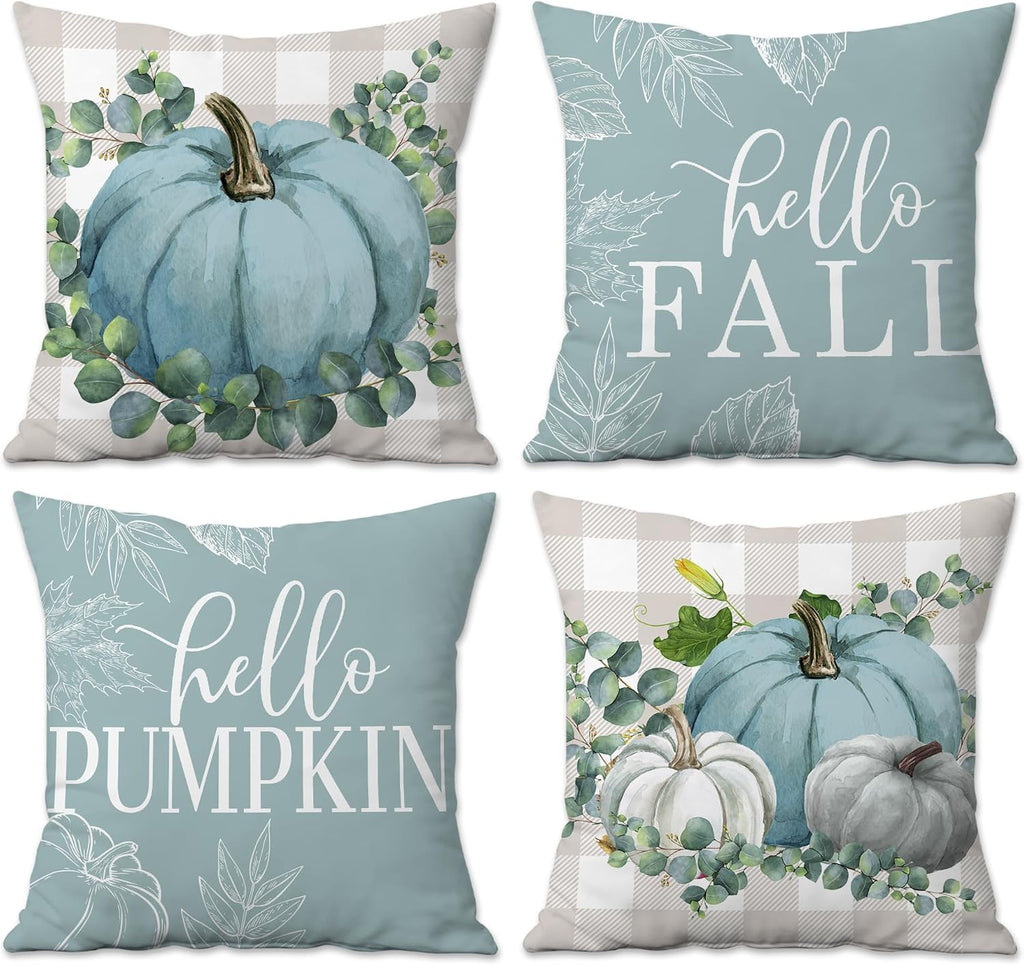 Fall pillow covers 18x18 set of 4 with teal pumpkin print