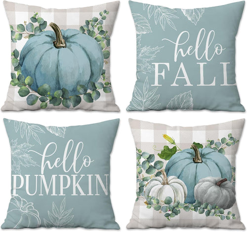 Fall pillow covers 18x18 set of 4 with teal pumpkin print