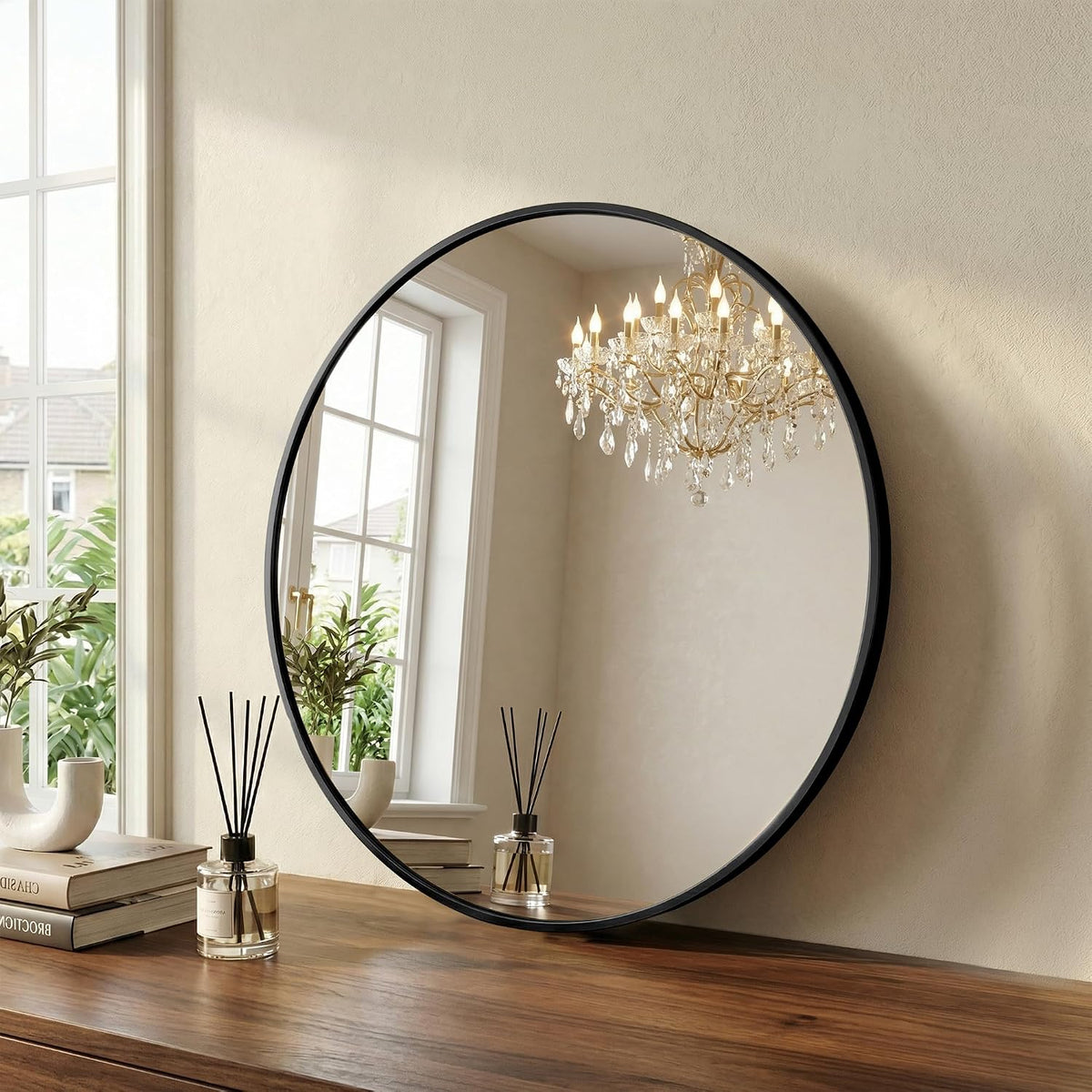 Porshmarks Round Wall Mirror, Black Metal Frame, 24 Inch