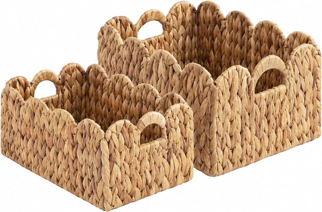 Wicker storage baskets set of 2 with scalloped edges