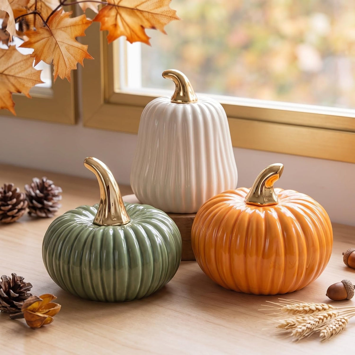 Porshmarks Ceramic Pumpkin Set of 3, White Green Orange, Fall Tabletop Decor