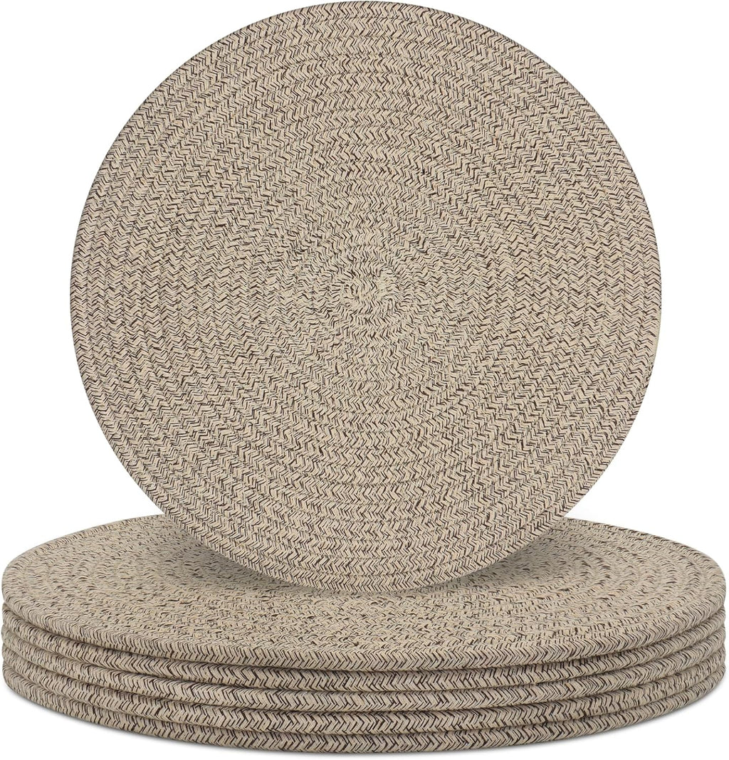 Porshmarks Round Woven Placemats Set of 6, Cotton Rope, Brown, 13 Inch