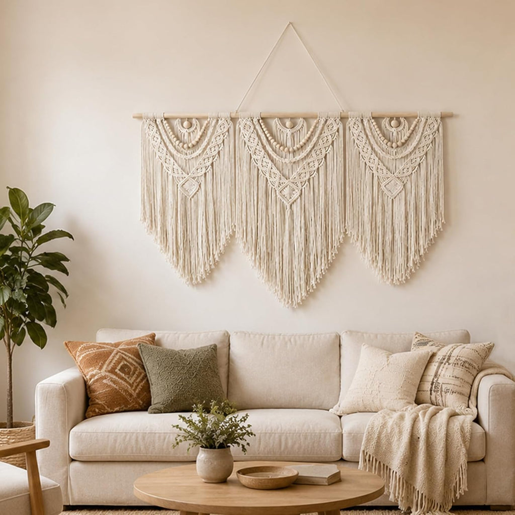 Porshmarks Macrame Wall Hanging, 3 Piece, Cotton Rope, White, 43 x 32 Inch