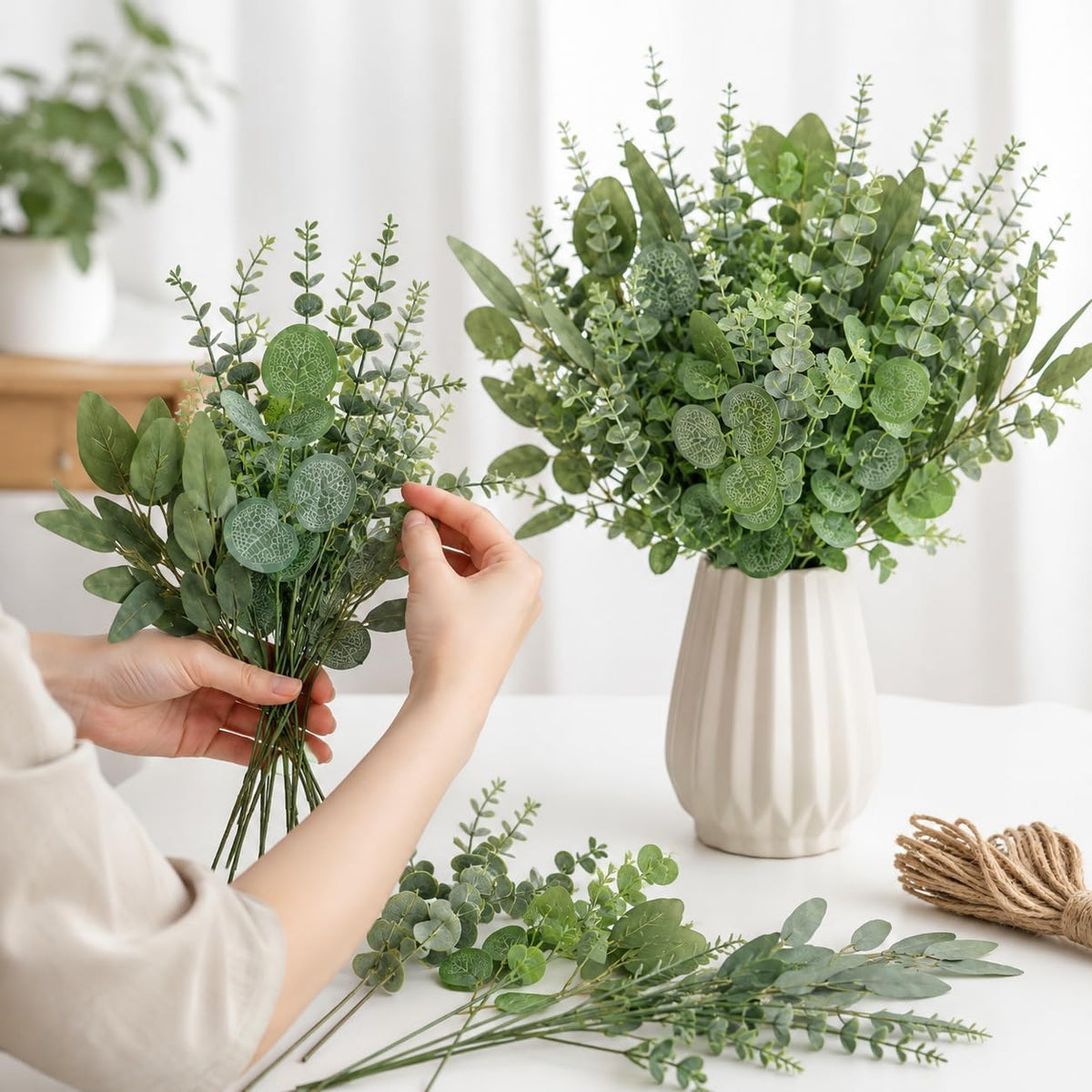 Porshmarks Artificial Eucalyptus Stems, 48 Pcs, 6 Mixed Styles, Green, with Twine