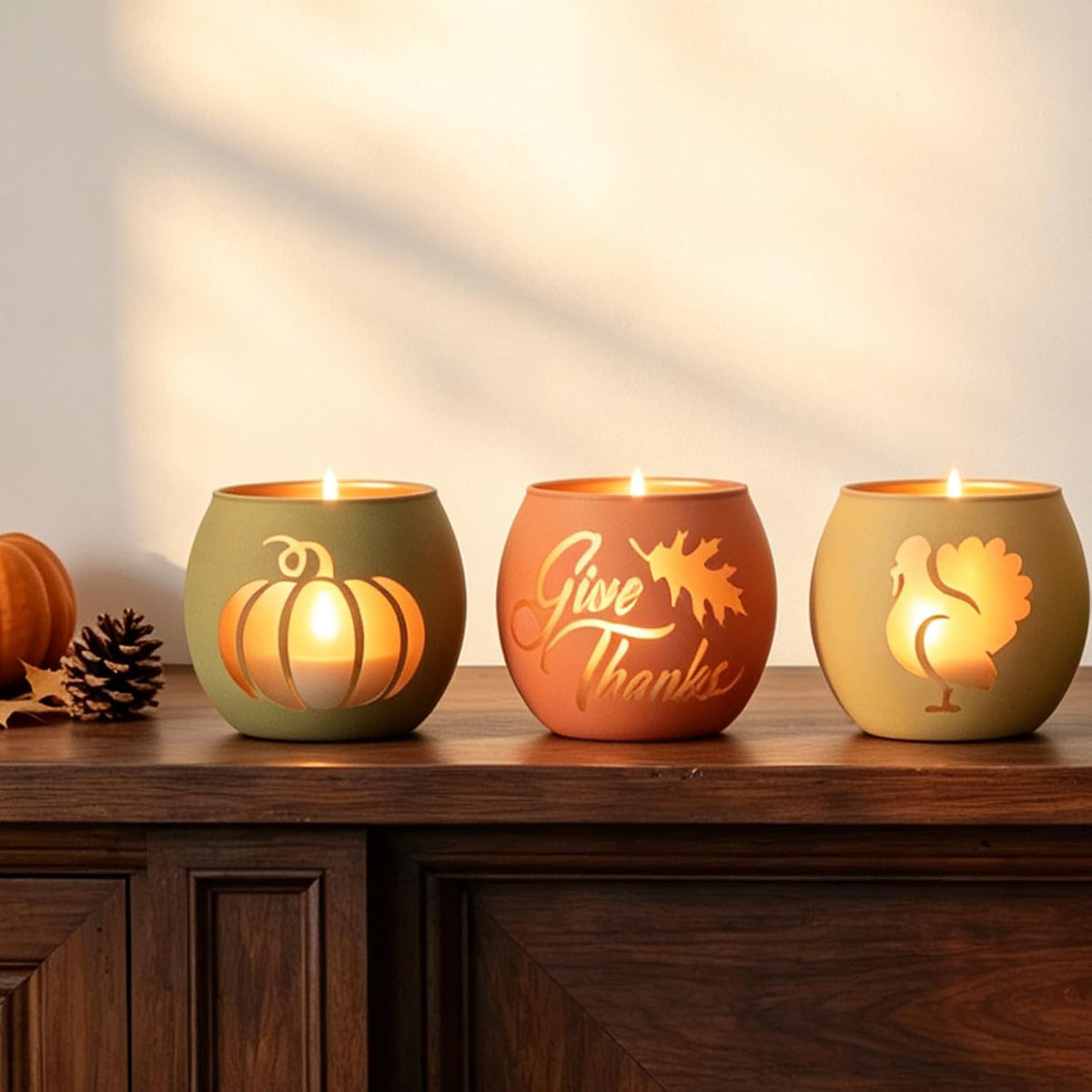 Engraved maple leaf, pumpkin and turkey votive holders