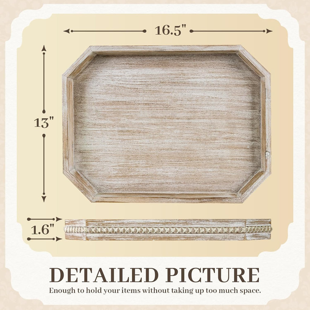 Porshmarks Wooden Decorative Tray with Bead Trim, White Washed, 16.5 x 13 Inch