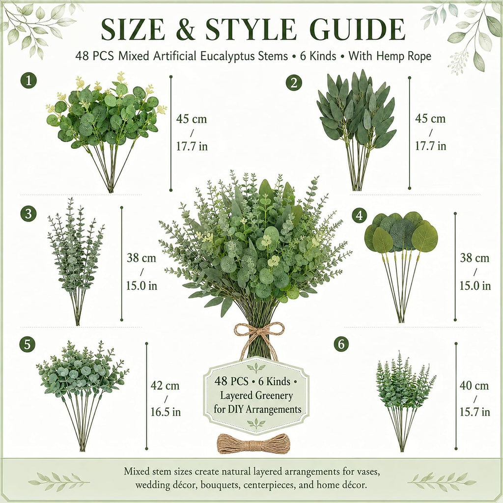 Porshmarks Artificial Eucalyptus Stems, 48 Pcs, 6 Mixed Styles, Green, with Twine