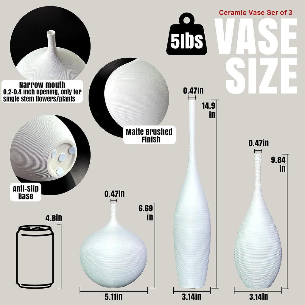 Porshmarks Ceramic Vase Set of 3, White, Matte Ribbed Finish, Narrow Neck