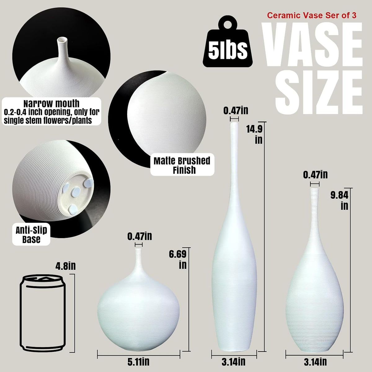Porshmarks Ceramic Vase Set of 3, White, Matte Ribbed Finish, Narrow Neck