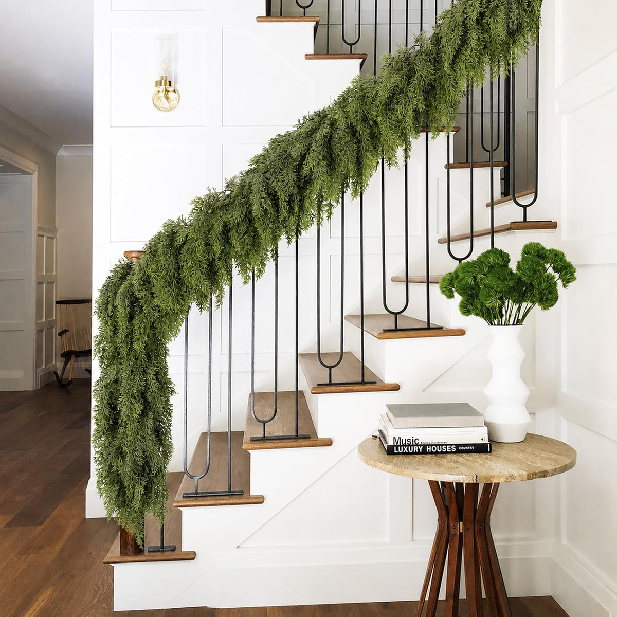 Cedar garland draped on a fireplace mantel