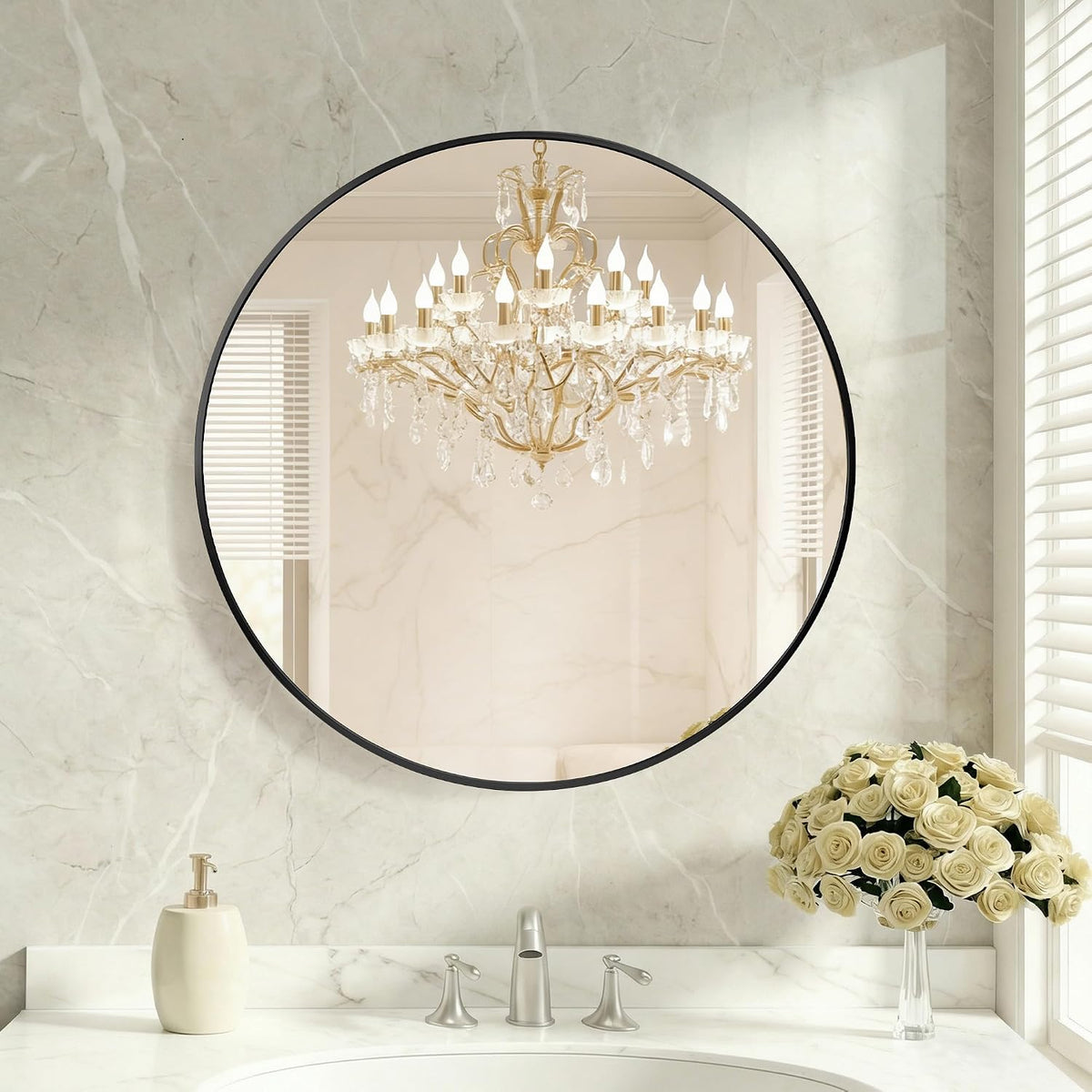 Porshmarks Round Wall Mirror, Black Metal Frame, 24 Inch