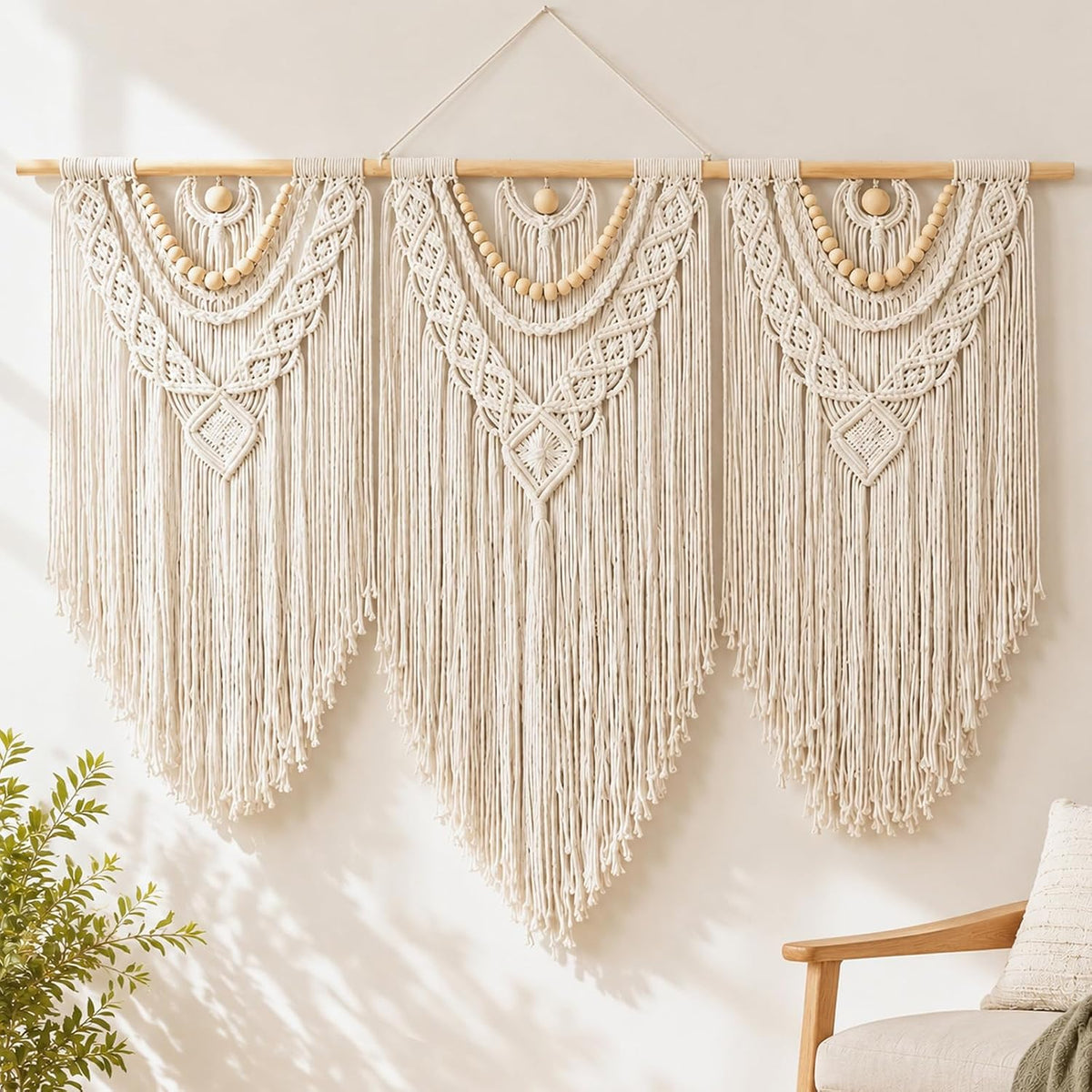 Porshmarks Macrame Wall Hanging, 3 Piece, Cotton Rope, White, 43 x 32 Inch