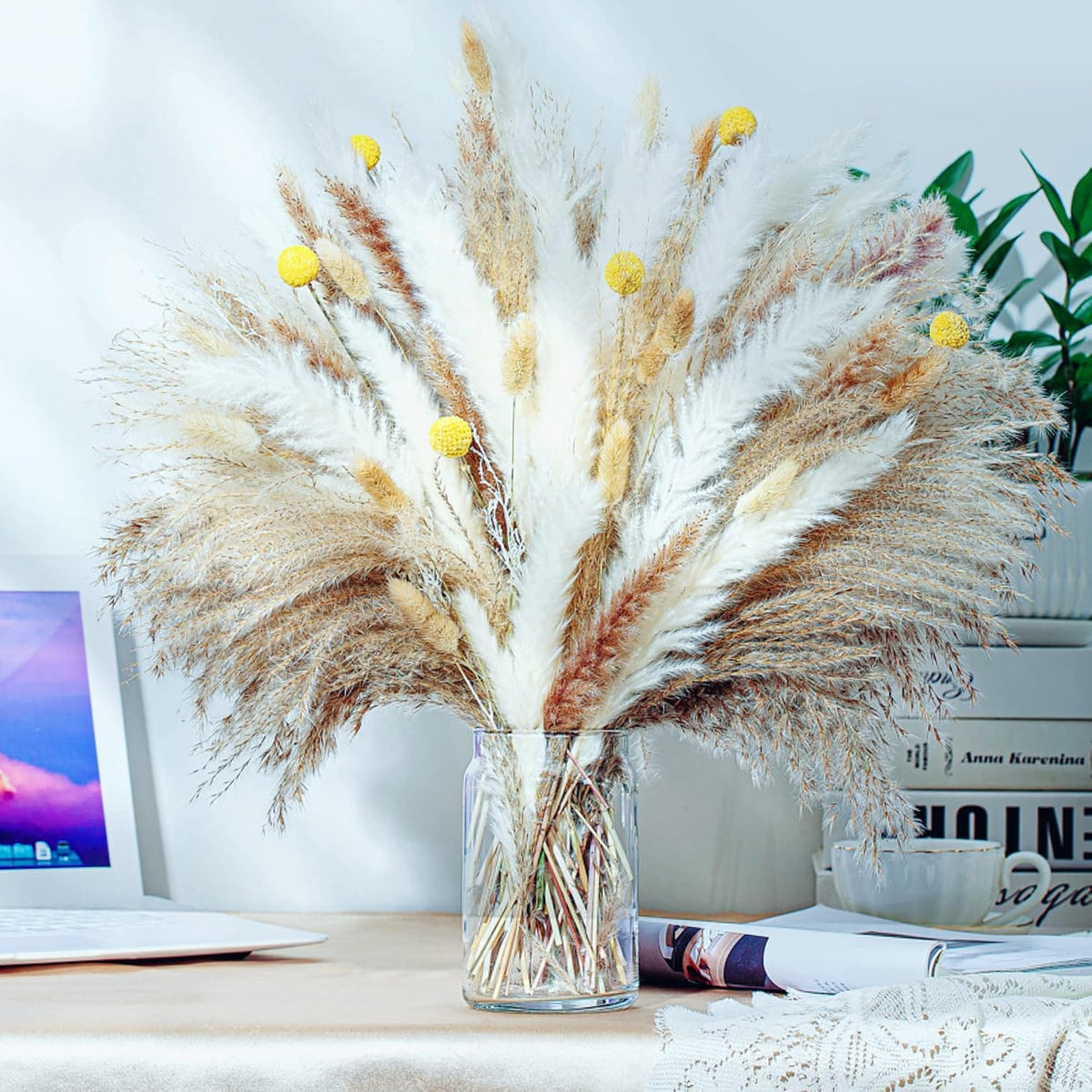 White and brown dried pampas grass with bunny tail grass