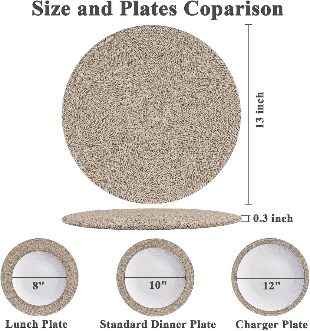 Porshmarks Round Woven Placemats Set of 6, Cotton Rope, Brown, 13 Inch