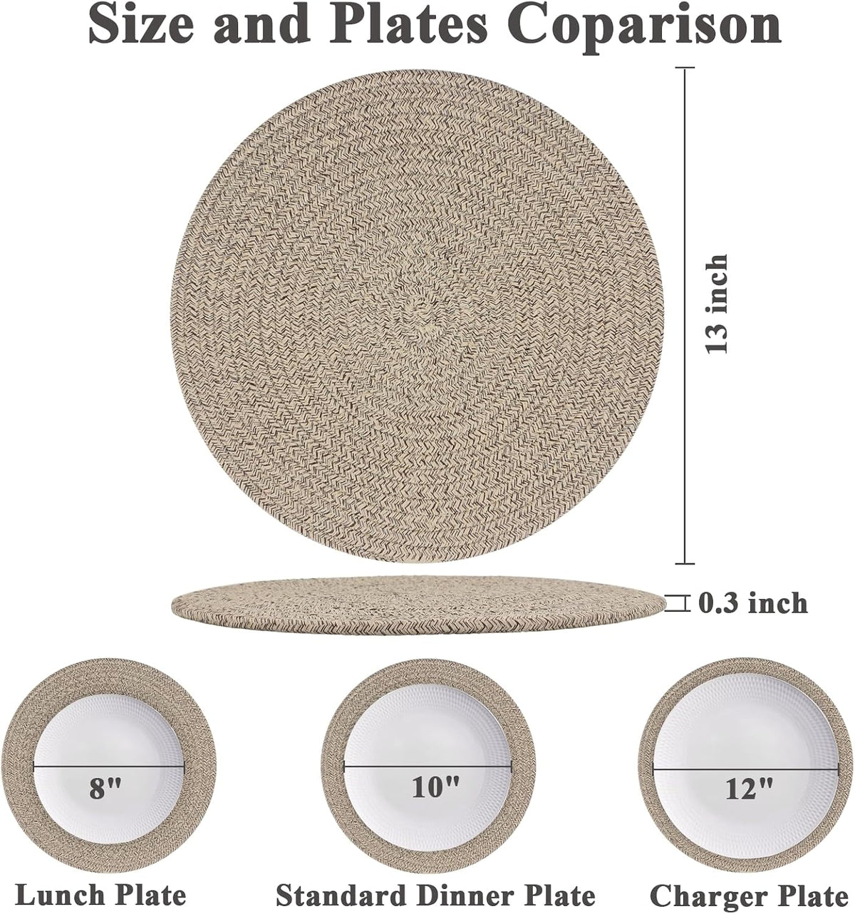 Porshmarks Round Woven Placemats Set of 6, Cotton Rope, Brown, 13 Inch