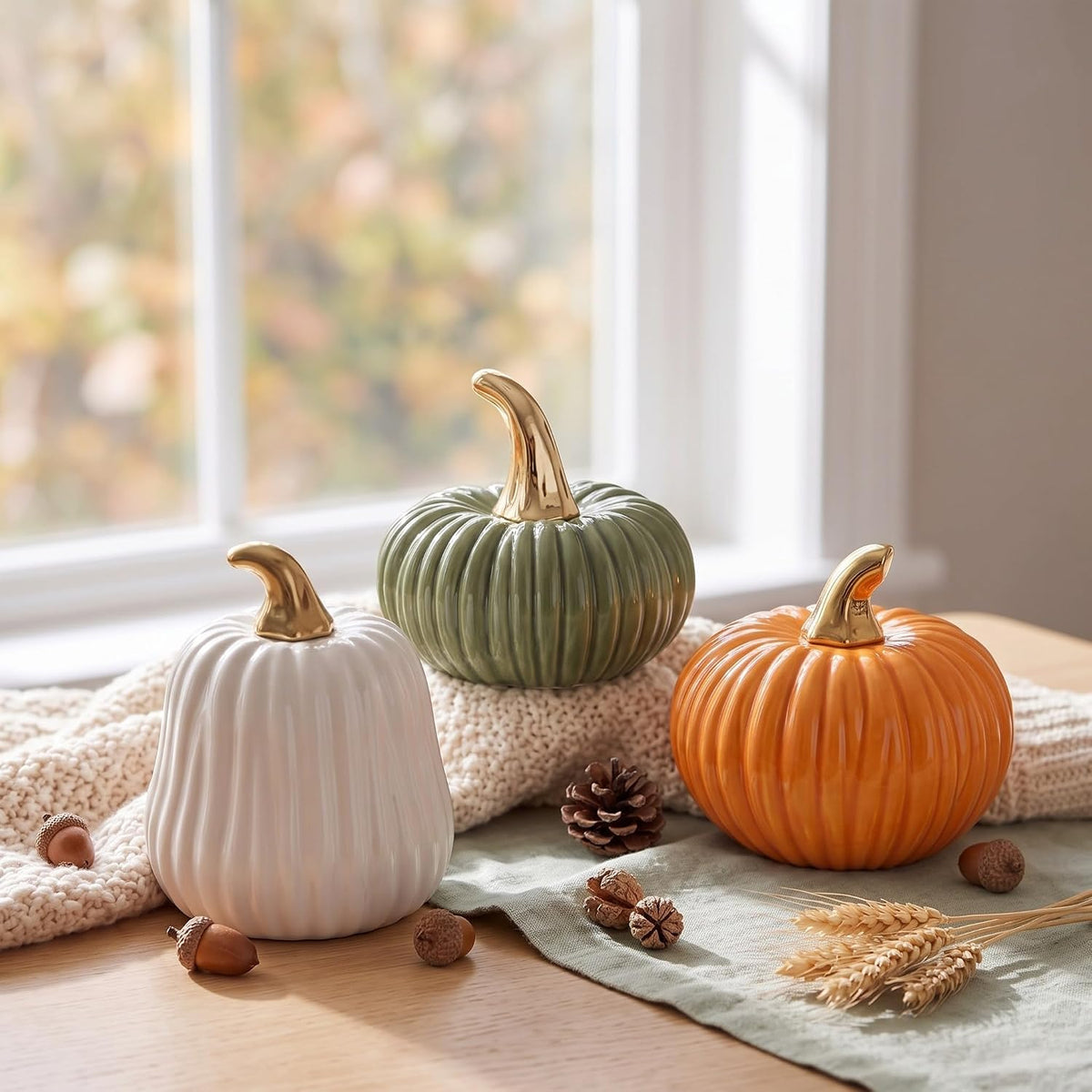 Porshmarks Ceramic Pumpkin Set of 3, White Green Orange, Fall Tabletop Decor