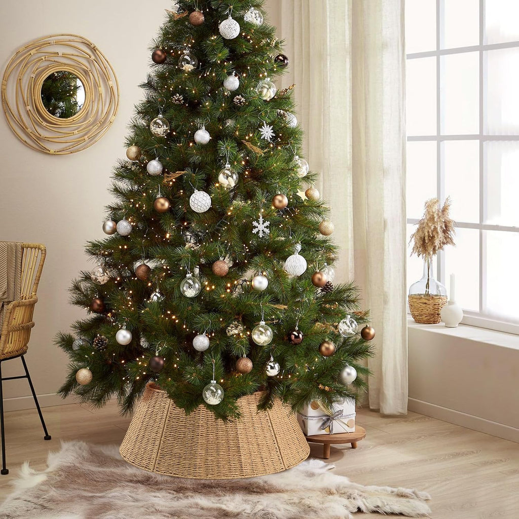 Woven tree collar around an artificial christmas tree