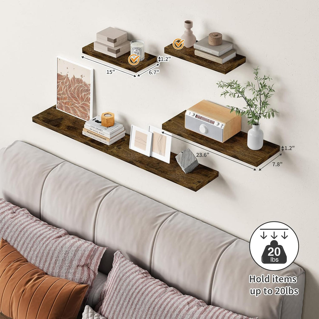 Porshmarks Floating Shelves Set of 3, Rustic Dark Brown Wood Grain, 24 Inch