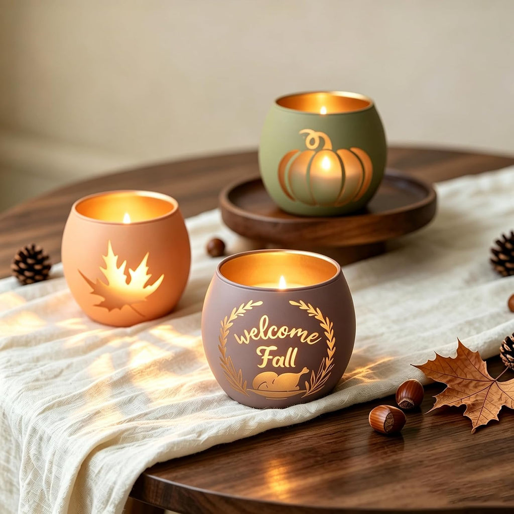 Glass votive candle holders as fall table centerpiece