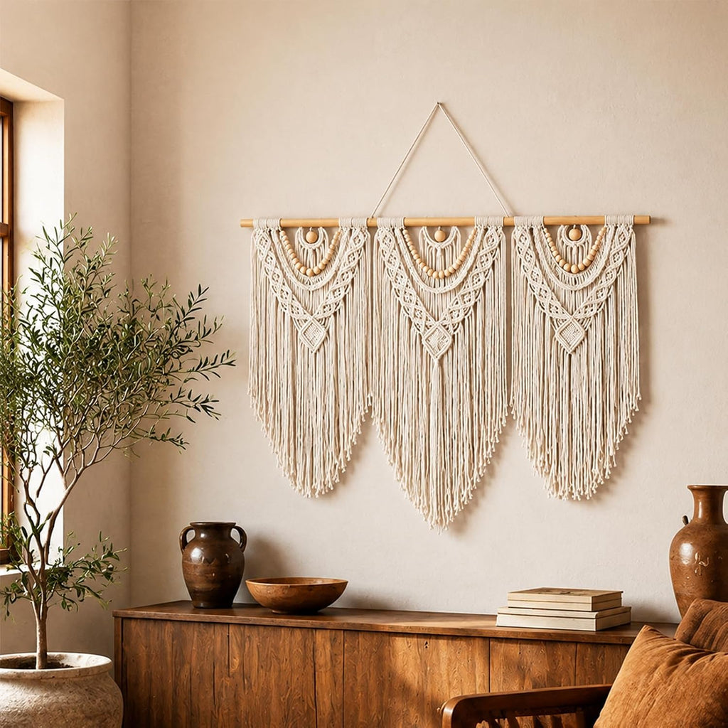 Porshmarks Macrame Wall Hanging, 3 Piece, Cotton Rope, White, 43 x 32 Inch