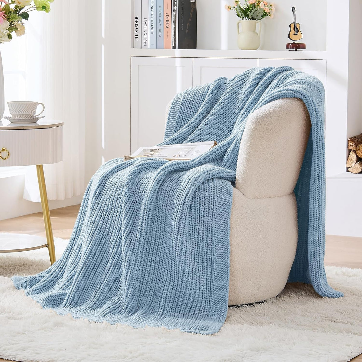 Porshmarks Chunky Knit Throw Blanket, Acrylic, Blue, 50 x 60 Inch