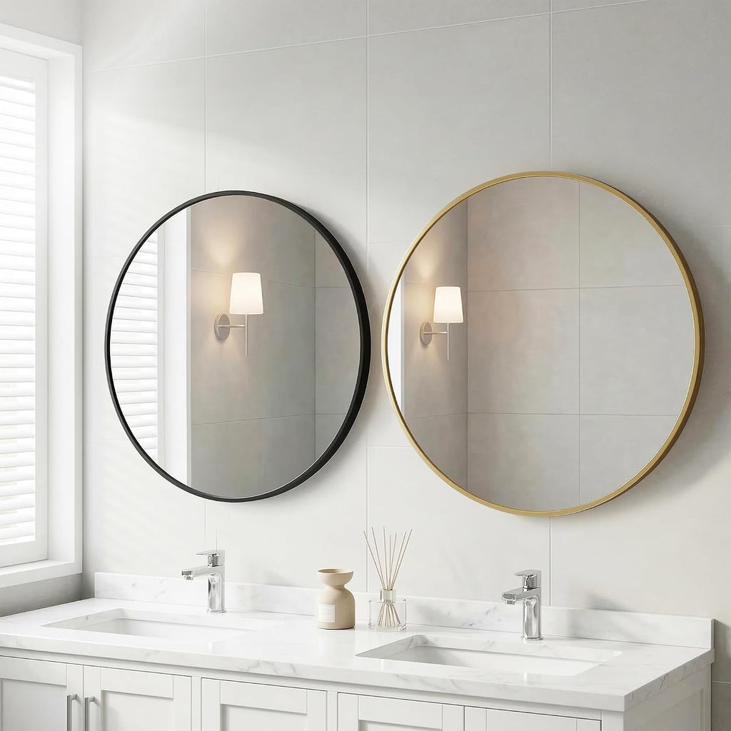 Porshmarks Round Wall Mirror, Black Metal Frame, 24 Inch