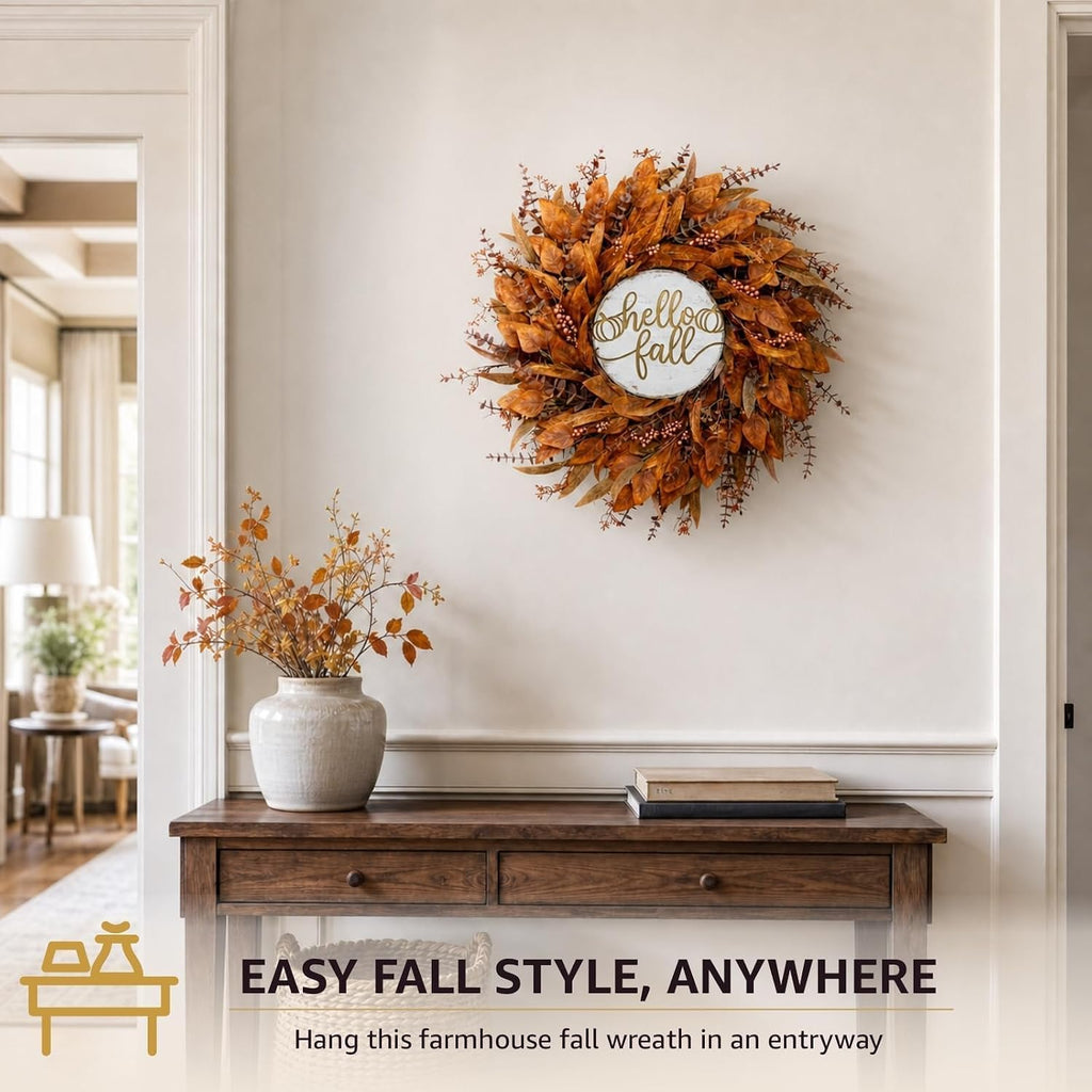 Orange, brown and golden faux eucalyptus wreath detail