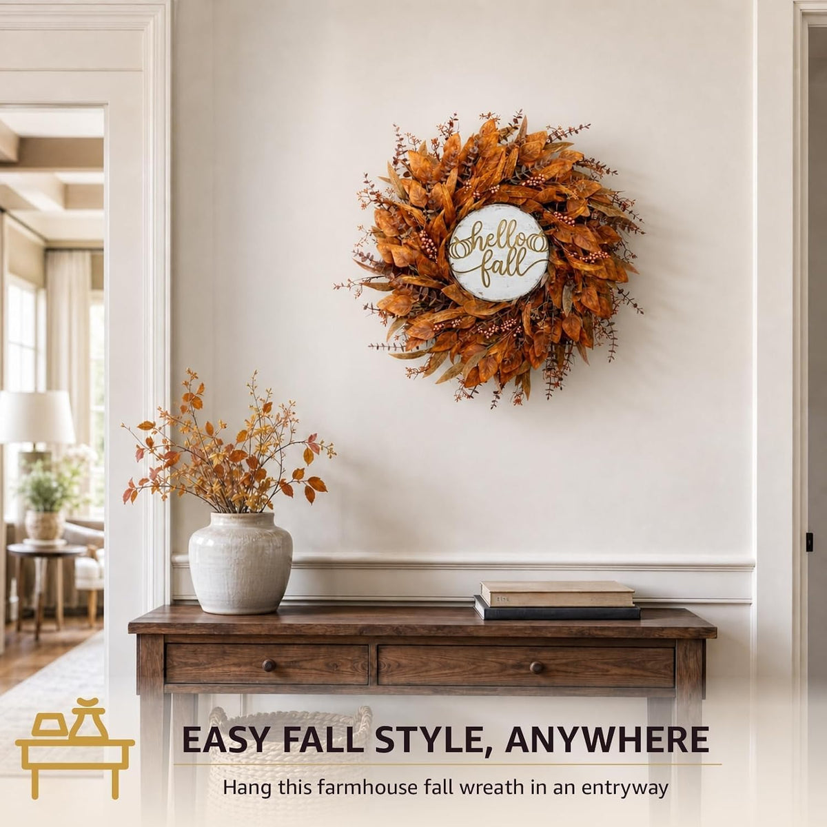 Orange, brown and golden faux eucalyptus wreath detail