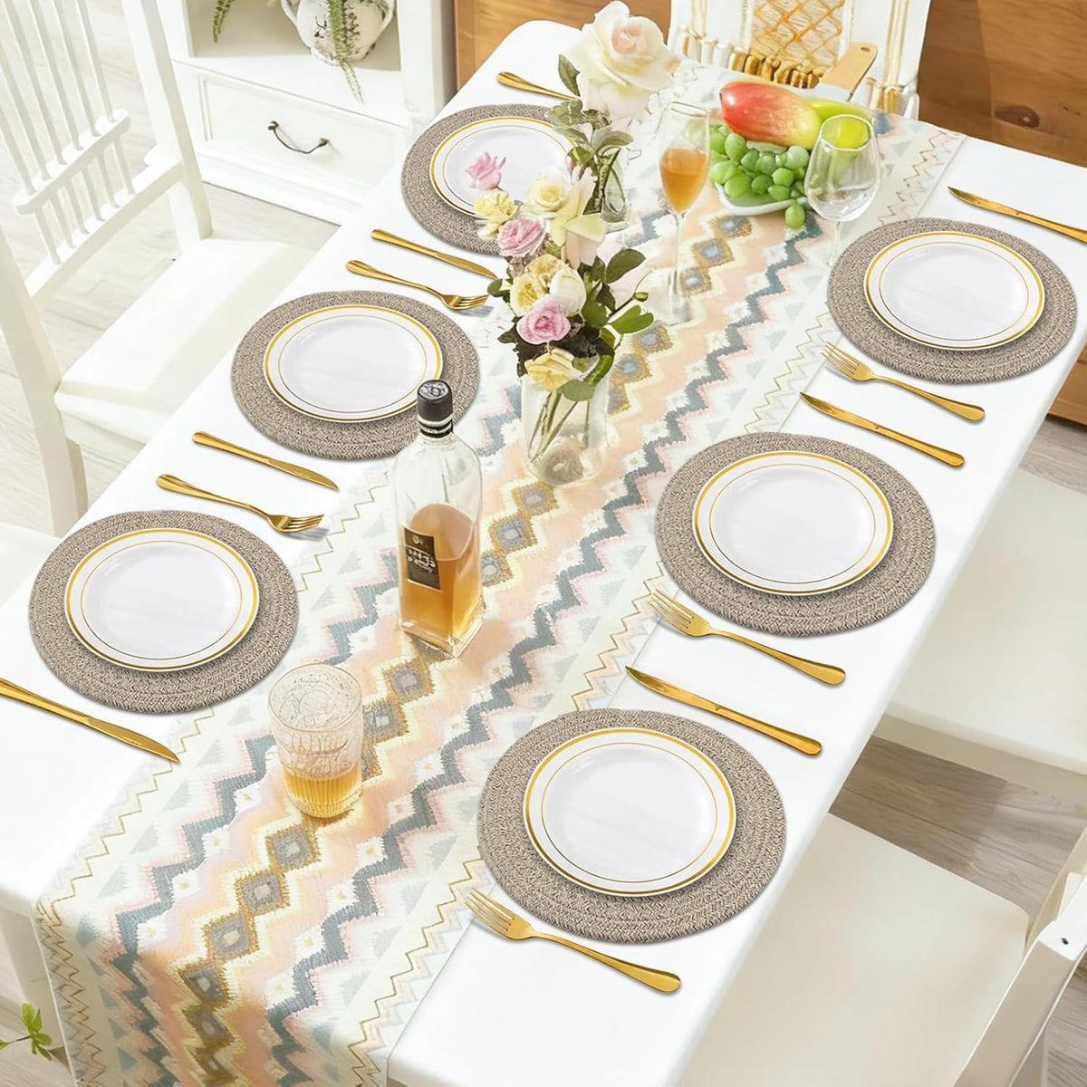 Porshmarks Round Woven Placemats Set of 6, Cotton Rope, Brown, 13 Inch