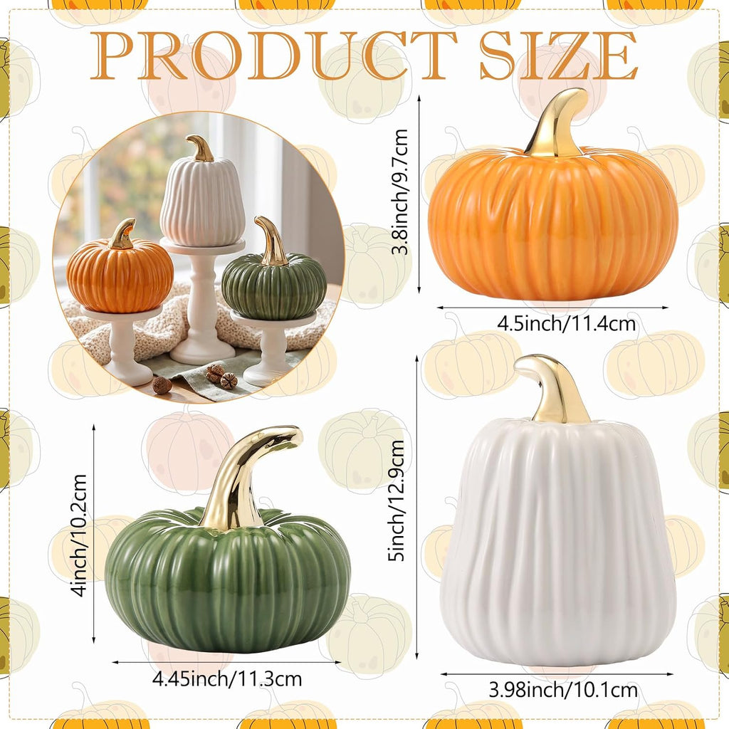 Porshmarks Ceramic Pumpkin Set of 3, White Green Orange, Fall Tabletop Decor