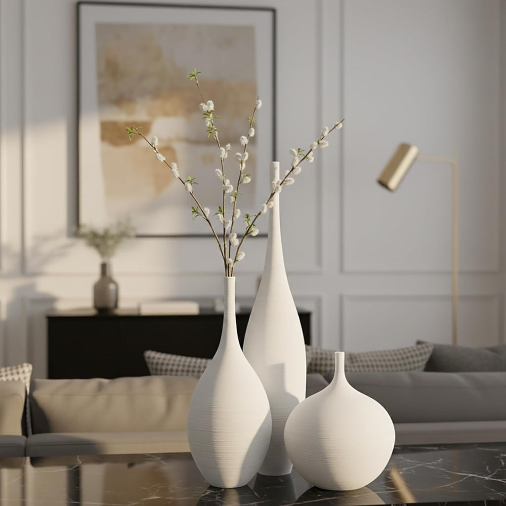 Porshmarks Ceramic Vase Set of 3, White, Matte Ribbed Finish, Narrow Neck