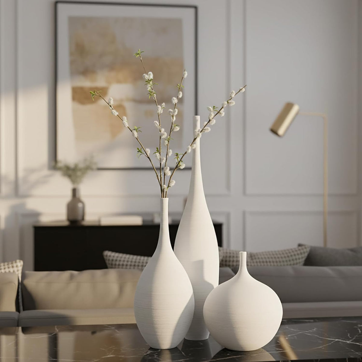 Porshmarks Ceramic Vase Set of 3, White, Matte Ribbed Finish, Narrow Neck