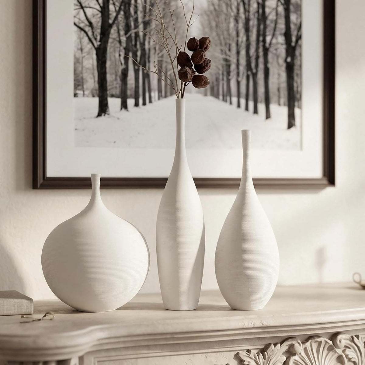 Porshmarks Ceramic Vase Set of 3, White, Matte Ribbed Finish, Narrow Neck