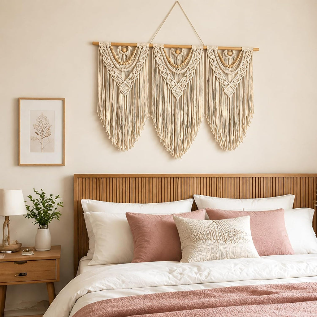 Porshmarks Macrame Wall Hanging, 3 Piece, Cotton Rope, White, 43 x 32 Inch