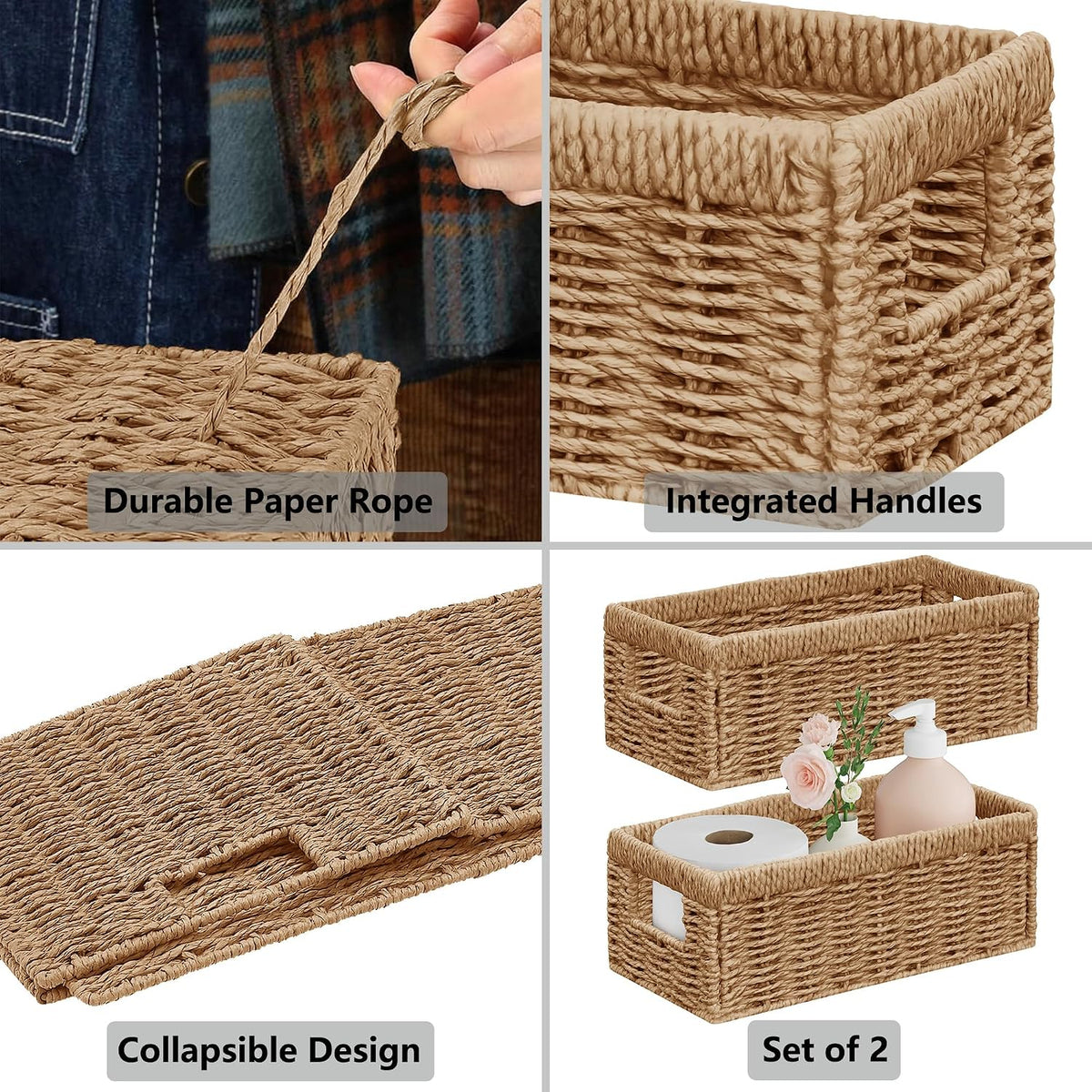 Porshmarks Woven Storage Baskets Set of 2, Paper Rope, Natural, with Handles