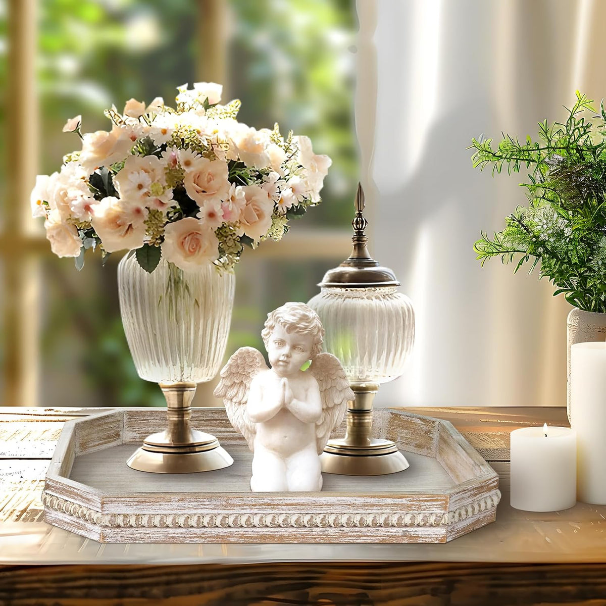Porshmarks Wooden Decorative Tray with Bead Trim, White Washed, 16.5 x 13 Inch
