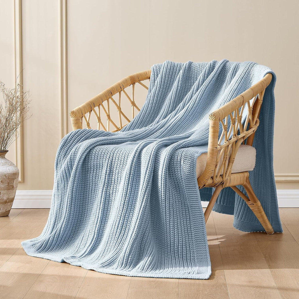 Porshmarks Chunky Knit Throw Blanket, Acrylic, Blue, 50 x 60 Inch