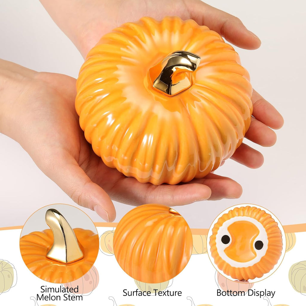 Porshmarks Ceramic Pumpkin Set of 3, White Green Orange, Fall Tabletop Decor