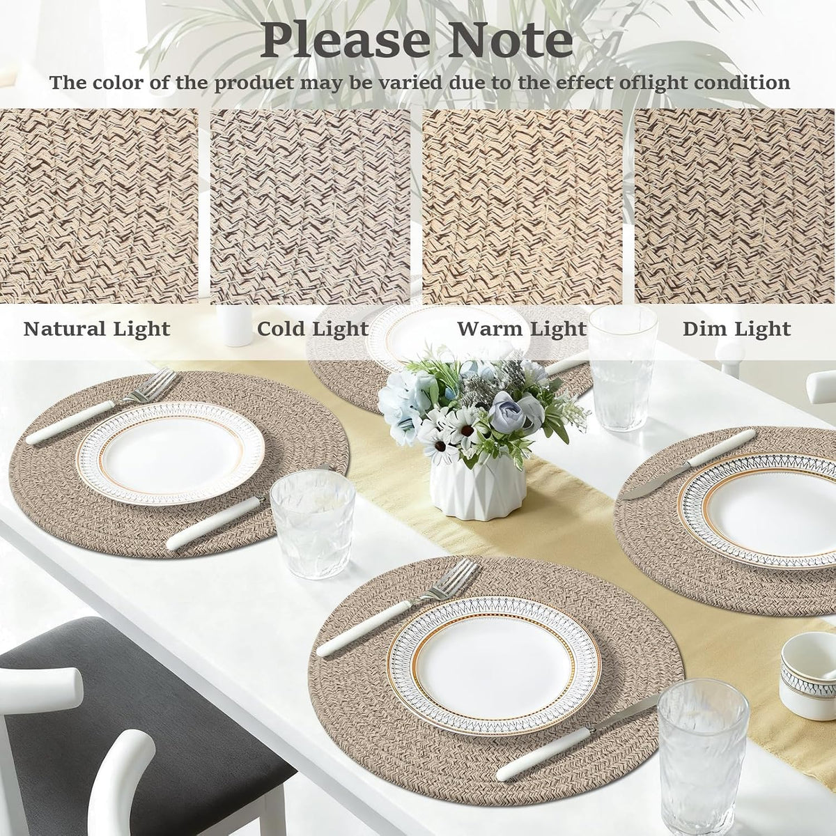 Porshmarks Round Woven Placemats Set of 6, Cotton Rope, Brown, 13 Inch