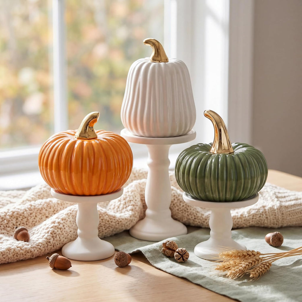 Porshmarks Ceramic Pumpkin Set of 3, White Green Orange, Fall Tabletop Decor