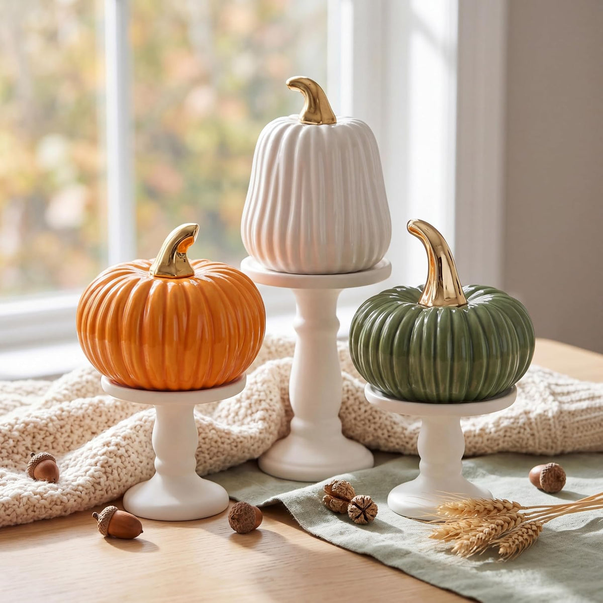 Porshmarks Ceramic Pumpkin Set of 3, White Green Orange, Fall Tabletop Decor
