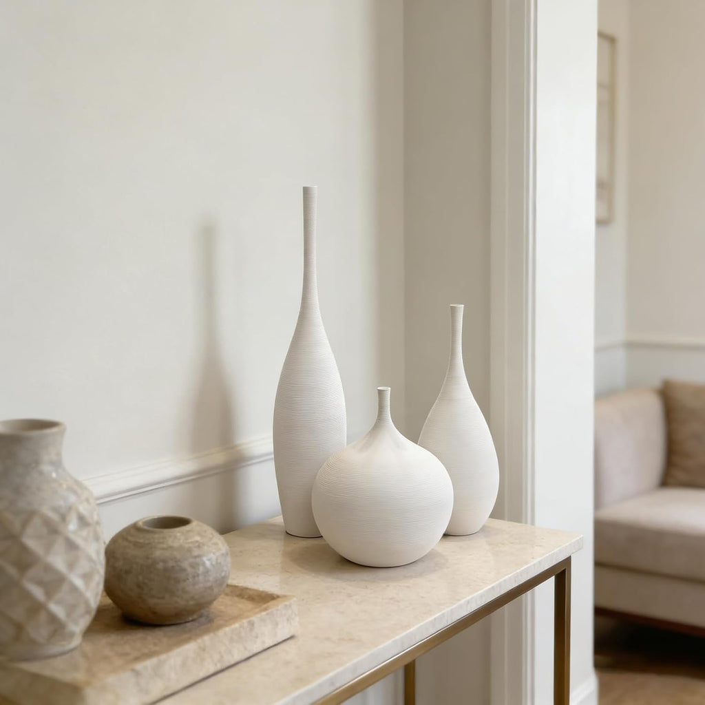 Porshmarks Ceramic Vase Set of 3, White, Matte Ribbed Finish, Narrow Neck