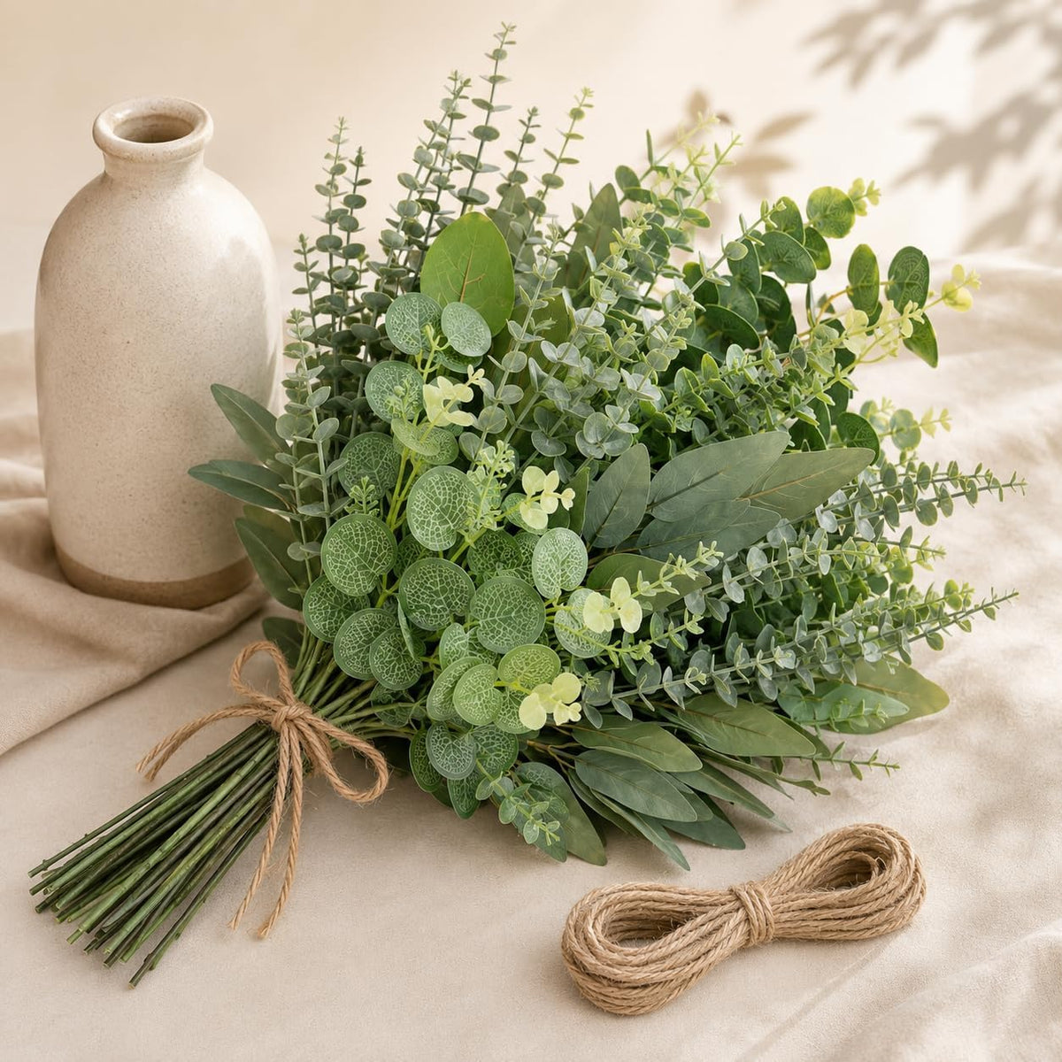 Porshmarks Artificial Eucalyptus Stems, 48 Pcs, 6 Mixed Styles, Green, with Twine