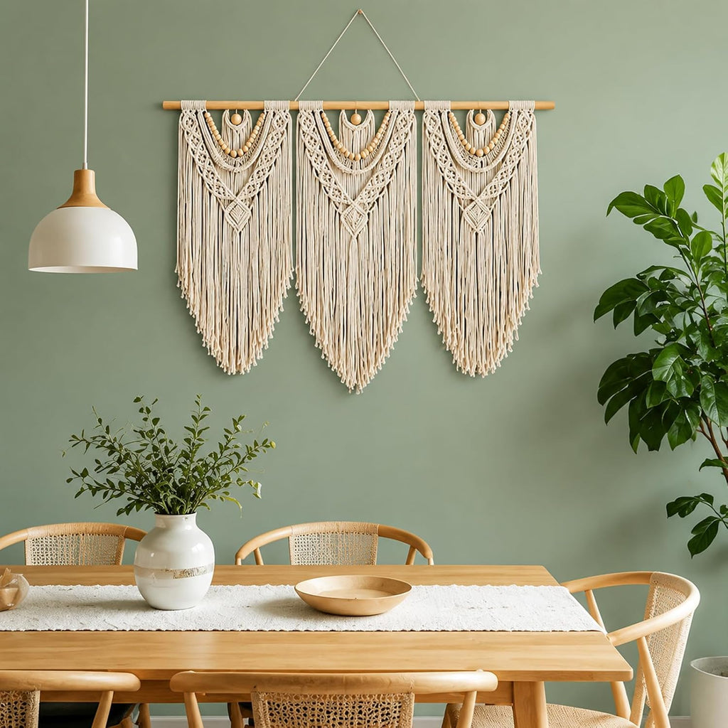 Porshmarks Macrame Wall Hanging, 3 Piece, Cotton Rope, White, 43 x 32 Inch